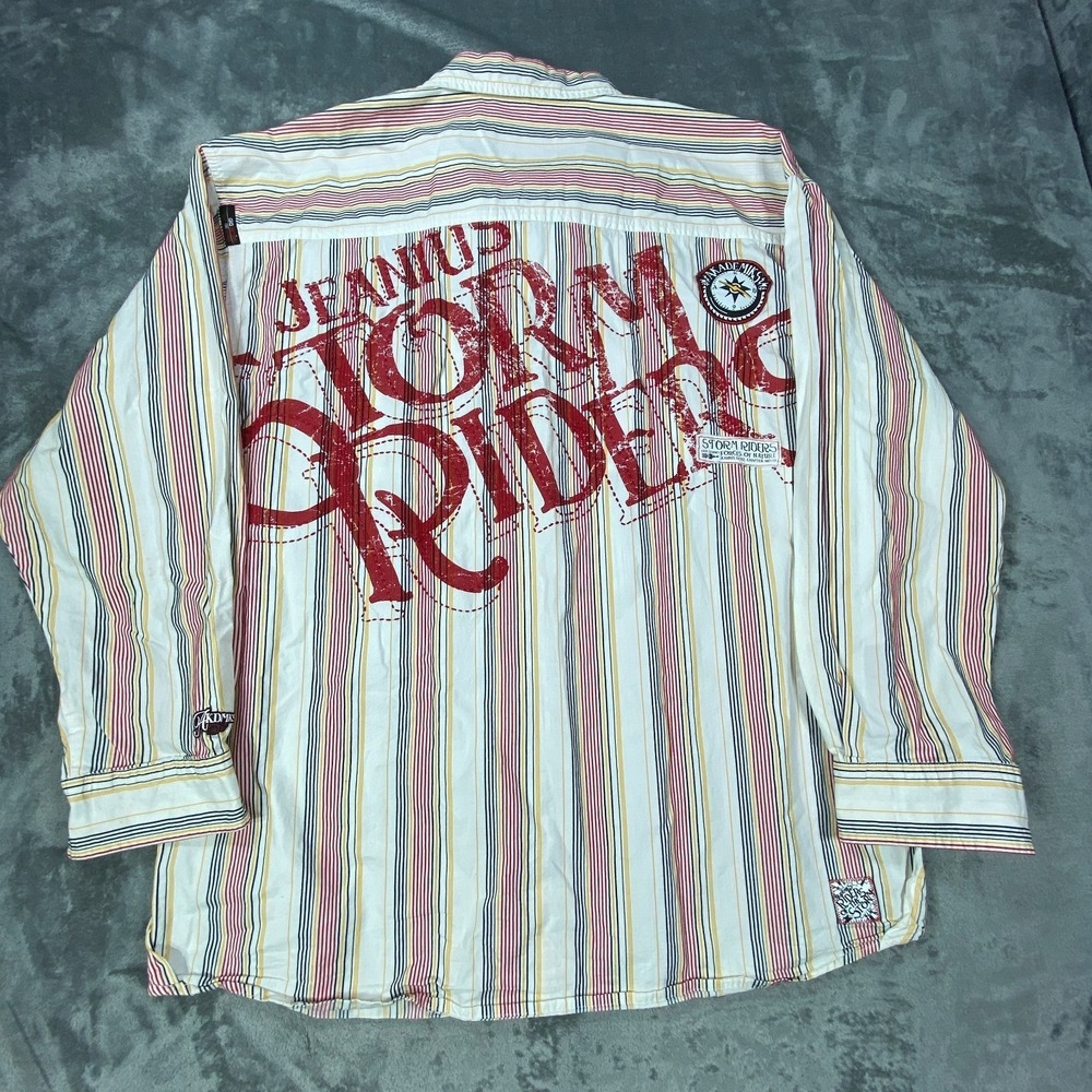 Akademiks Shirt Mens 2XL Button‎ Up White Striped Graphic Hip Hop Streetwear Y2K